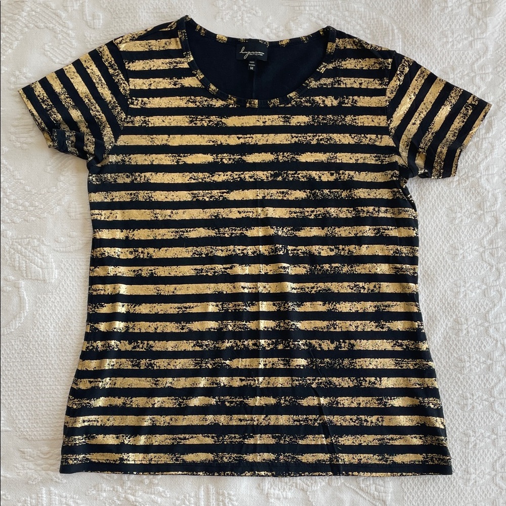 Lynn Ritchie Black Tee with Metallic Gold Stripes